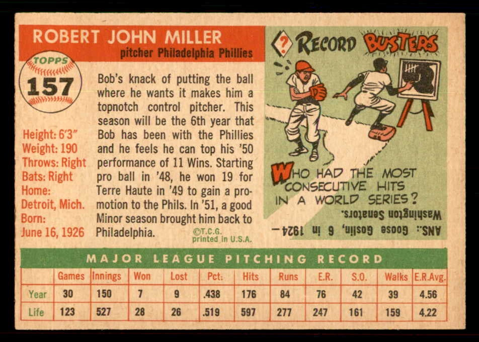 1955 Topps Baseball #157 Bob Miller Phillies EX-MT 550095
