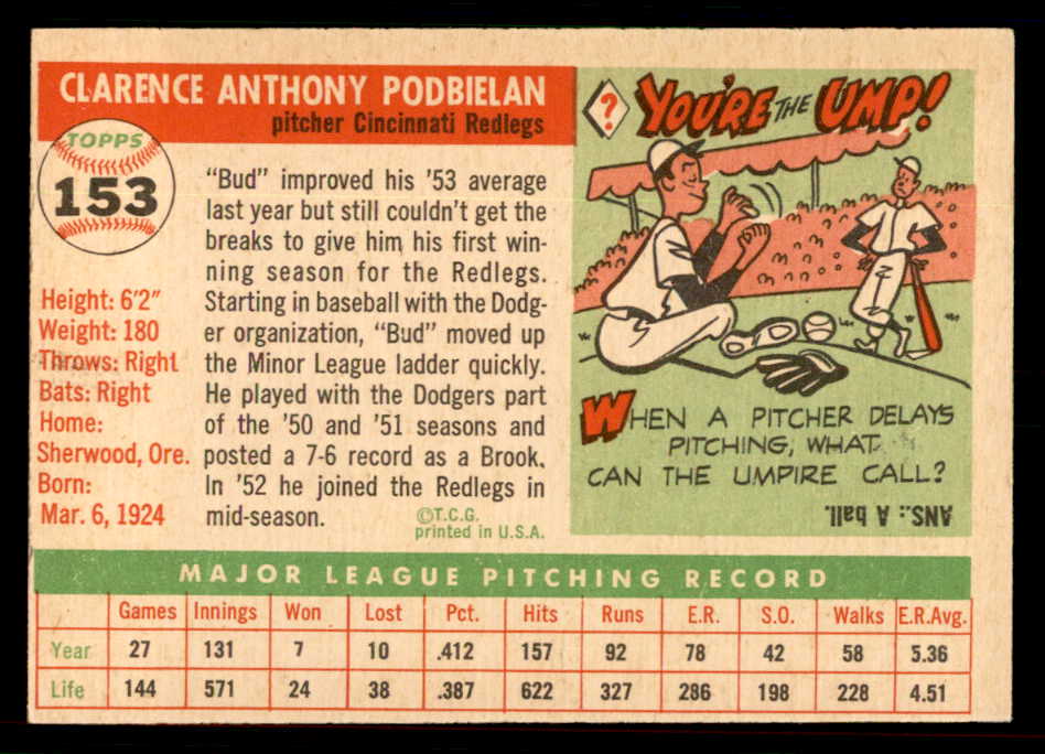 1955 Topps Baseball #153 Bud Podbielan Reds EX-MT 550098