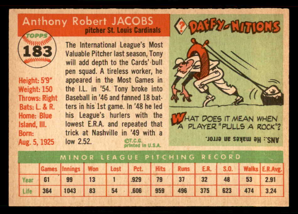 1955 Topps Baseball #183 Tony Jacobs Cardinals EX-MT 550101