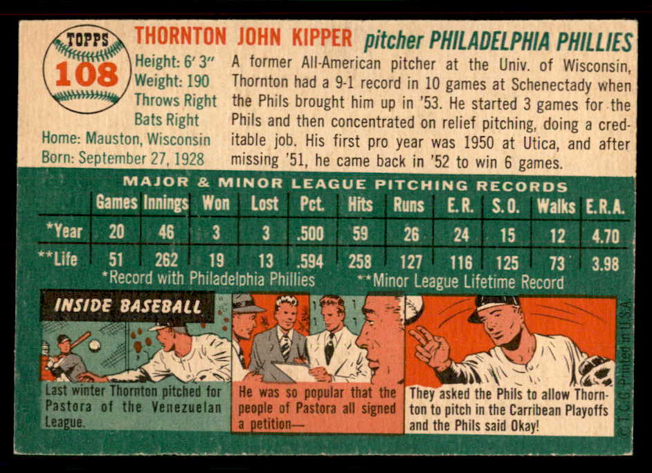 1954 Topps Baseball #108 Thornton Kipper Phillies EX-MT 550106