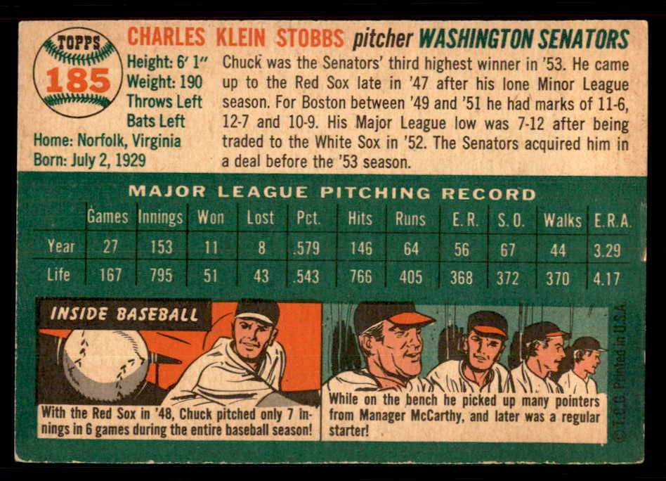 1954 Topps Baseball #185 Chuck Stobbs Senators EX-MT 550107