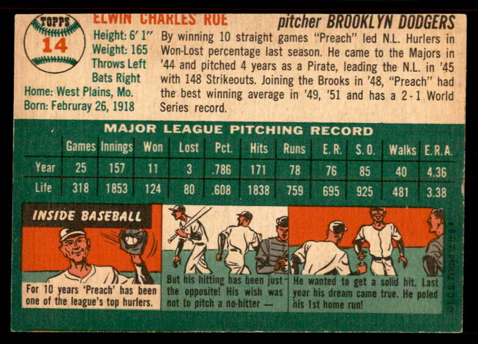 1954 Topps Baseball #014 Preacher Roe Dodgers EX-MT 550113