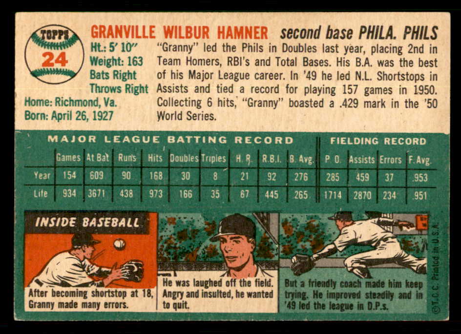 1954 Topps Baseball #024 Granny Hamner Phillies EX-MT 550117