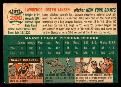 1954 Topps Baseball #200 Larry Jansen Giants EX-MT 550120