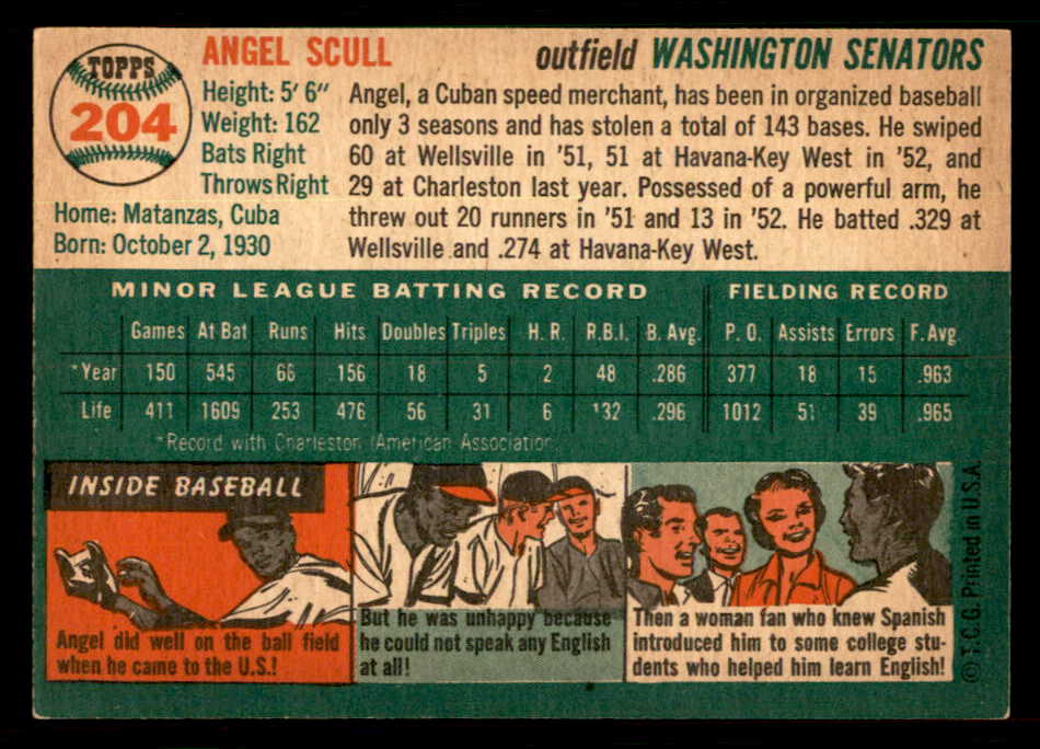 1954 Topps Baseball #204 Angel Scull Senators EX-MT 550121