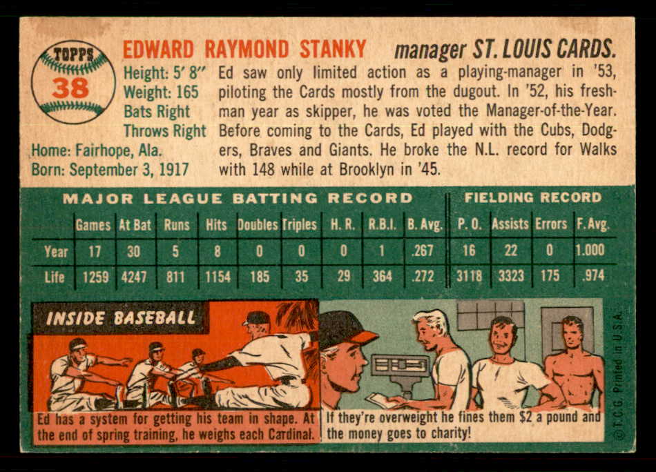 1954 Topps Baseball #038 Eddie Stanky Cardinals EX-MT 550122