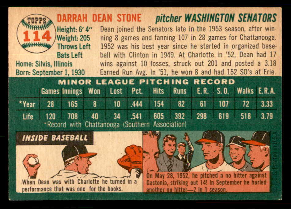 1954 Topps Baseball #114 Dean Stone Senators EX-MT 550128