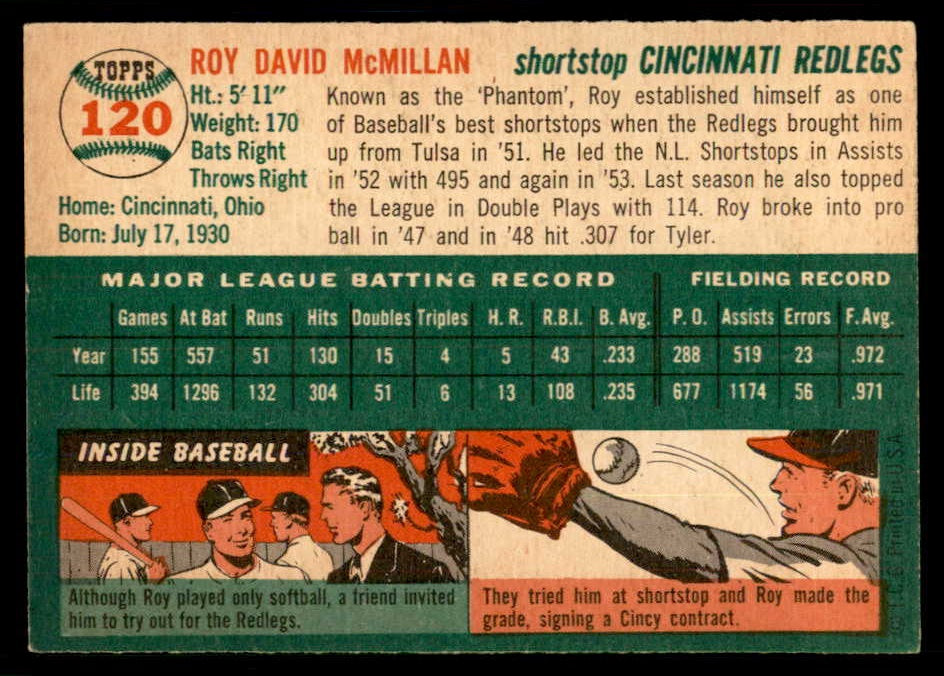 1954 Topps Baseball #120 Roy McMillan Reds EX-MT 550132