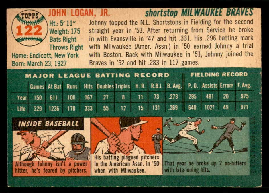 1954 Topps Baseball #122 Johnny Logan Braves EX-MT 550133