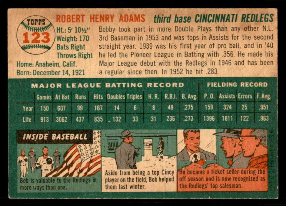 1954 Topps Baseball #123 Bobby Adams Reds EX-MT 550134