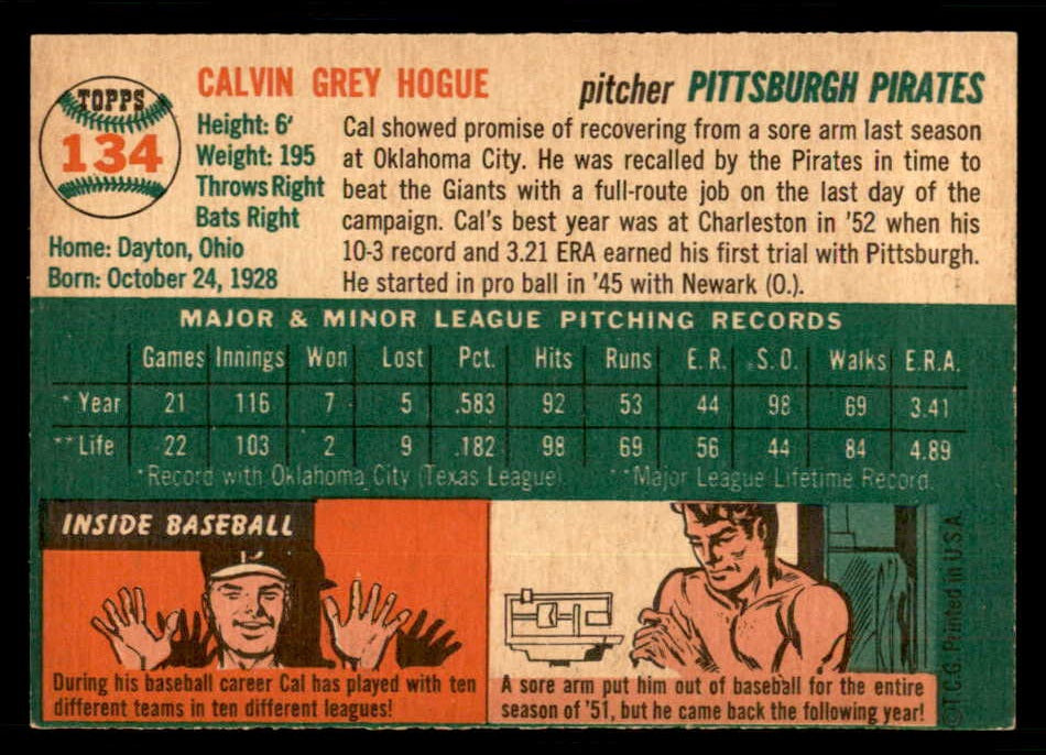 1954 Topps Baseball #134 Cal Hogue Pirates EX-MT 550136