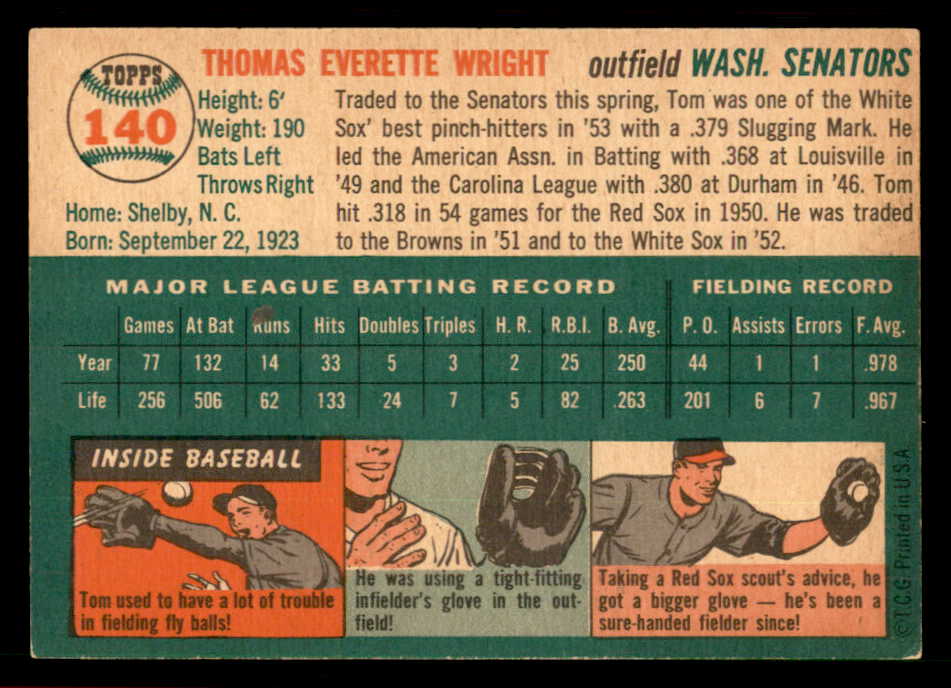 1954 Topps Baseball #140 Tom Wright Senators EX-MT 550137