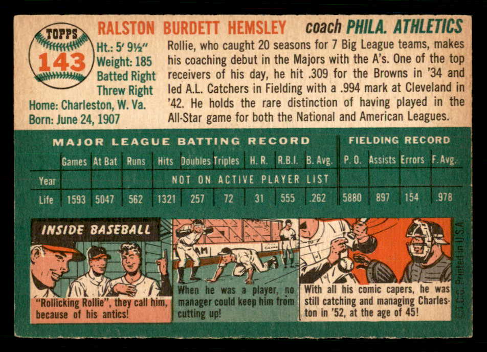 1954 Topps Baseball #143 Rollie Hemsley A's EX-MT 550139