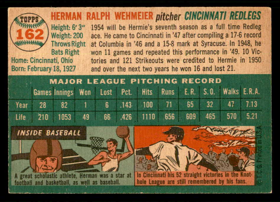 1954 Topps Baseball #162 Herman Wehmeier Reds EX-MT 550147