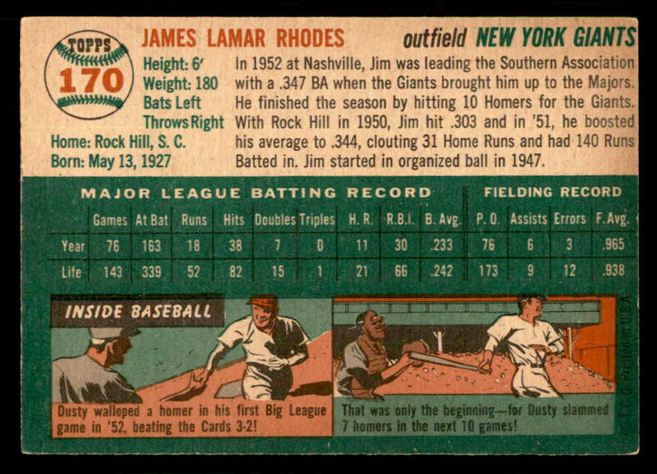 1954 Topps Baseball #170 Jim Rhodes Giants EX-MT 550152