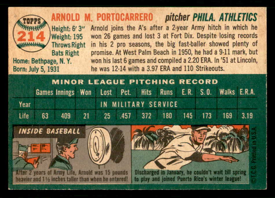 1954 Topps Baseball #214 Arnie Portocarrero A's EX-MT 550160