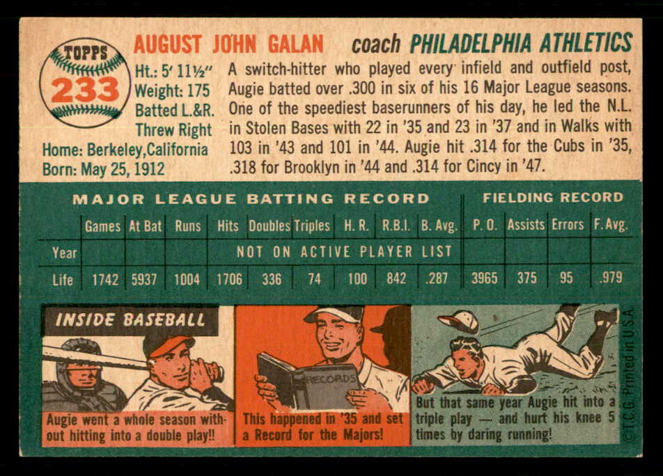 1954 Topps Baseball #233 Augie Galan A's EX-MT 550167