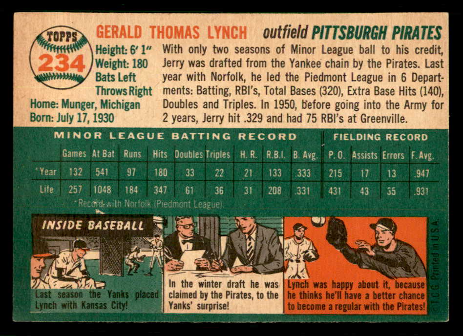 1954 Topps Baseball #234 Jerry Lynch Pirates EX-MT 550168