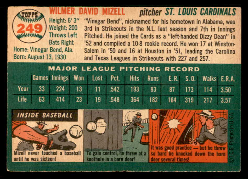1954 Topps Baseball #249 Wilmer Mizell Cardinals EX-MT 550177