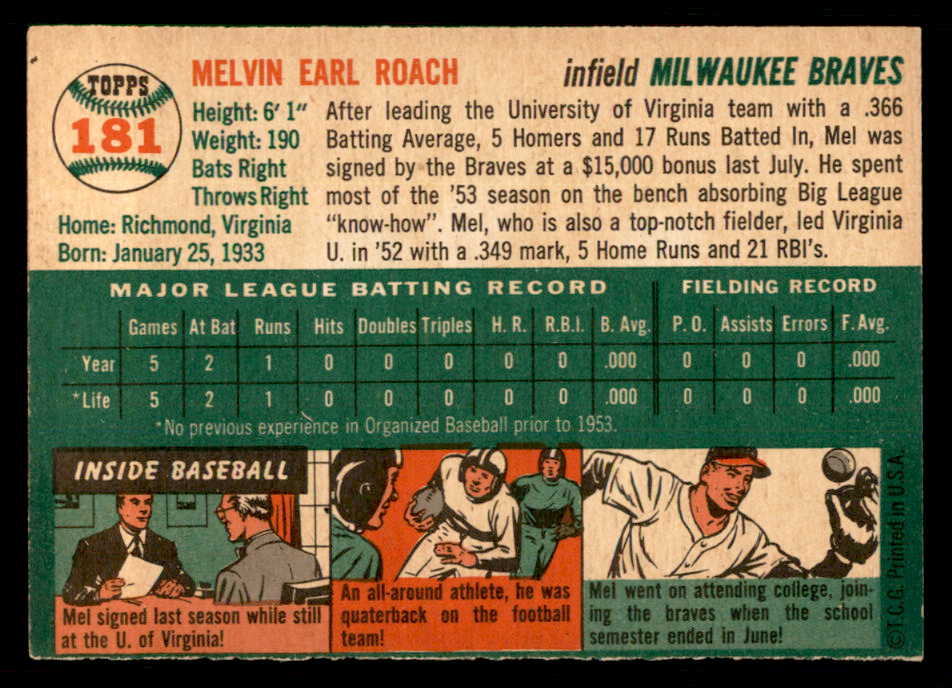 1954 Topps Baseball #181 Mel Roach Braves EX-MT 550179