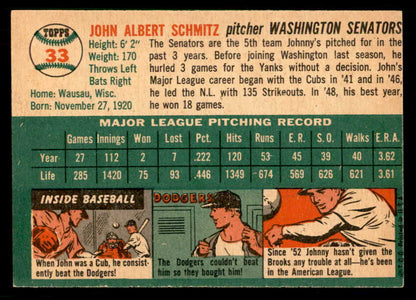 1954 Topps Baseball #033 Johnny Schmitz Senators EX-MT 550182
