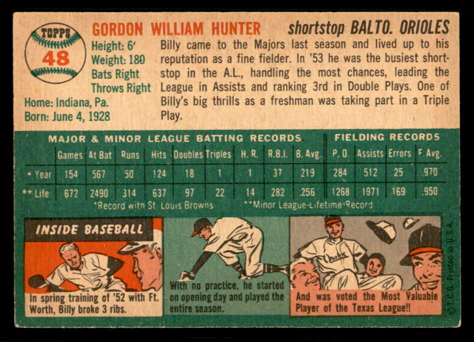 1954 Topps Baseball #048 Billy Hunter Orioles EX-MT 550183