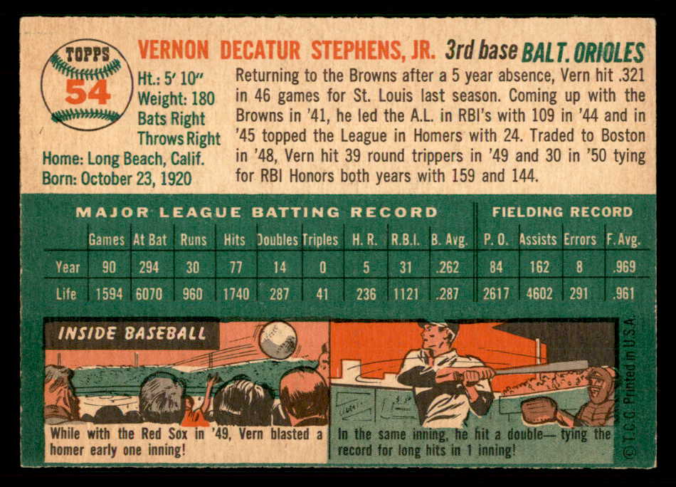1954 Topps Baseball #054 Vern Stephens Orioles EX-MT 550186