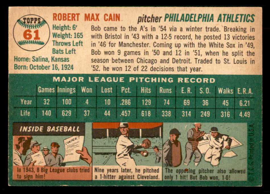 1954 Topps Baseball #061 Bob Cain A's EX-MT 550191