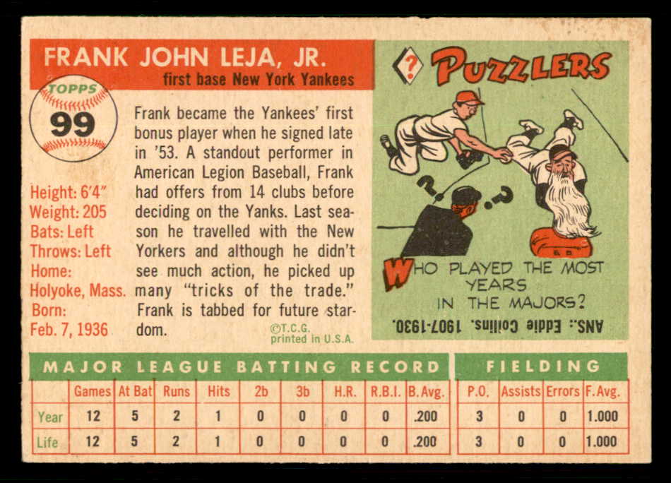 1955 Topps Baseball #099 Frank Leja Yankees EX-MT 550220