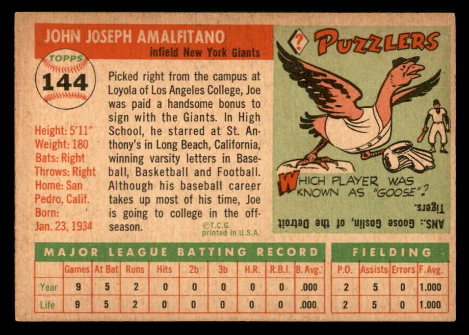 1955 Topps Baseball #144 Joe Amalfitano Giants EX-MT 550222