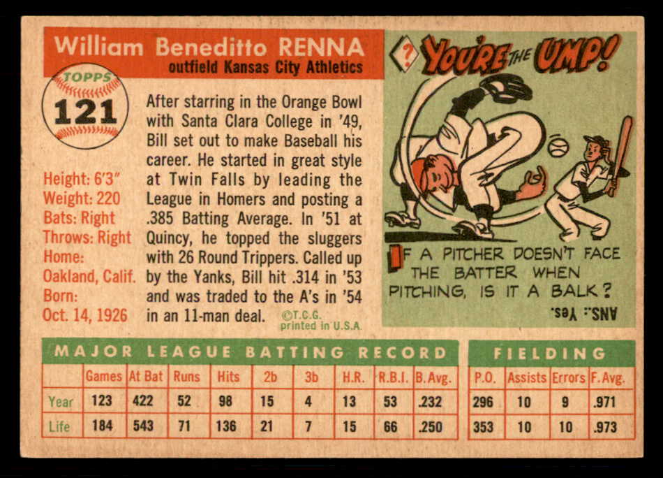 1955 Topps Baseball #121 Bill Renna A's EX-MT 550227