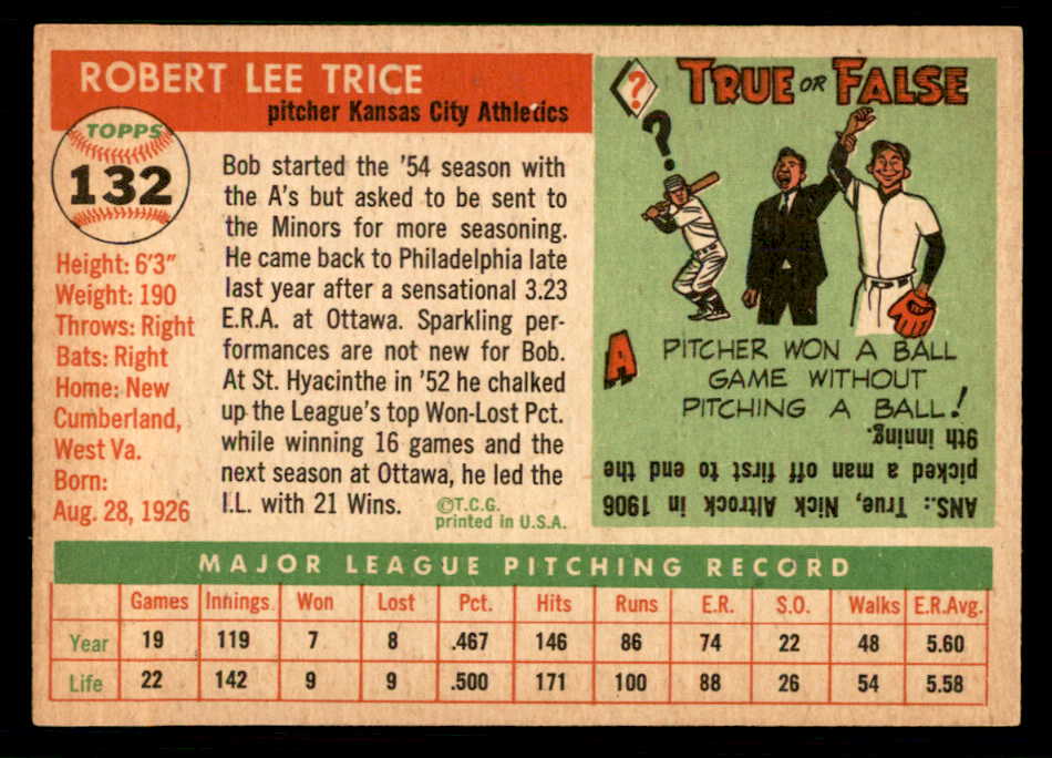 1955 Topps Baseball #132 Bob Trice A's EX-MT 550230