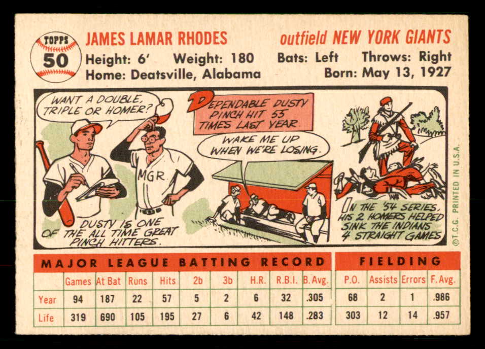 1956 Topps Baseball #050 Dusty Rhodes Giants EX-MT White 550242