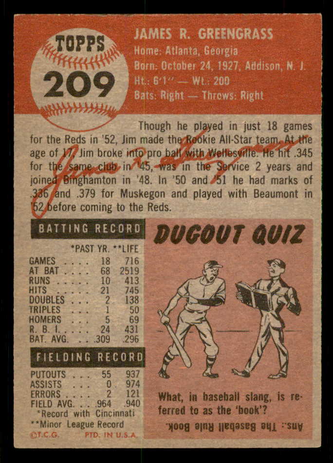 1953 Topps Baseball #209 Jim Greengrass Reds EX-MT 550246