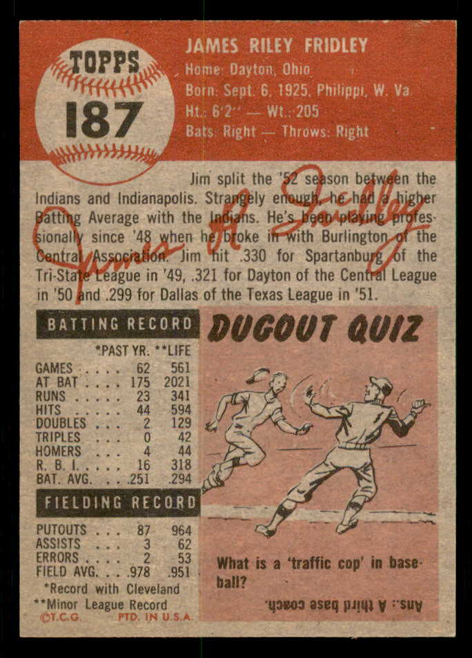 1953 Topps Baseball #187 Jim Fridley Indians EX-MT 550250
