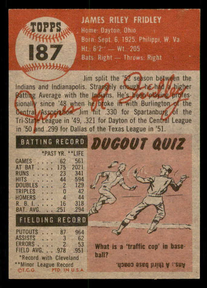 1953 Topps Baseball #187 Jim Fridley Indians EX-MT 550250