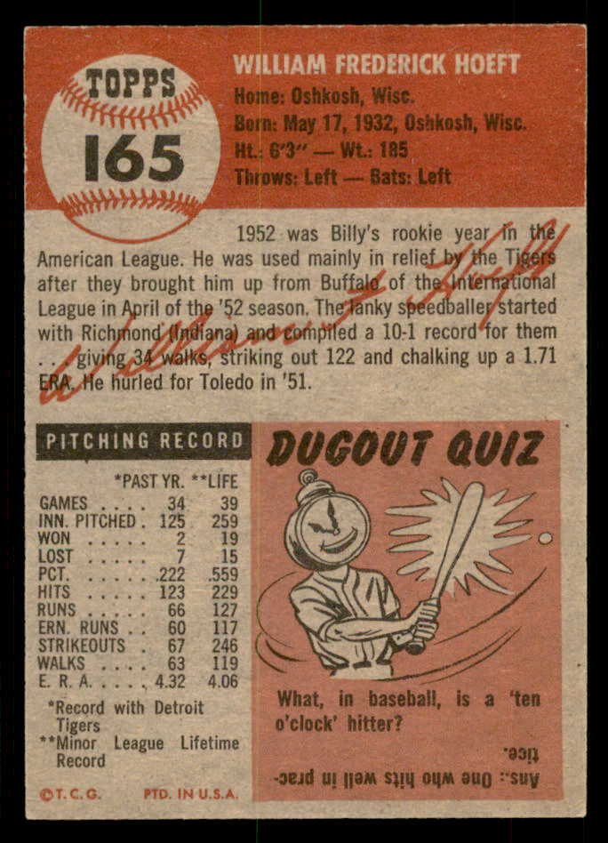 1953 Topps Baseball #165 Billy Hoeft Tigers EX-MT 550263