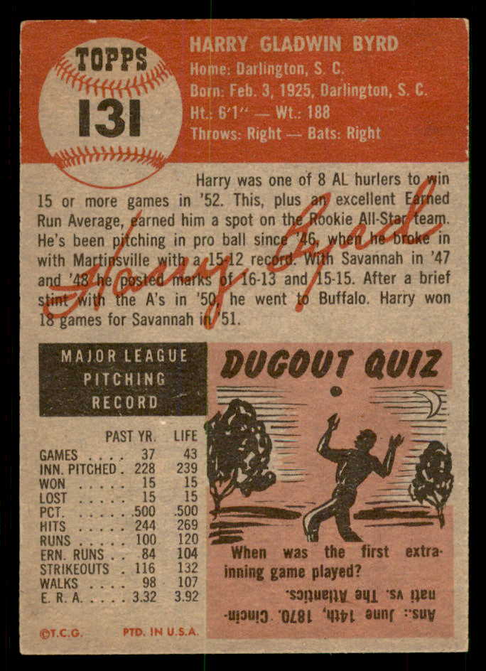 1953 Topps Baseball #131 Harry Byrd A�s EX-MT 550274