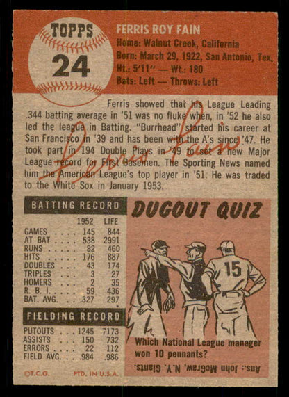 1953 Topps Baseball #024 Ferris Fain A�S EX-MT 550278