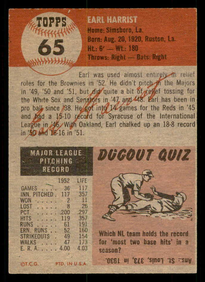1953 Topps Baseball #065 Earl Harrist Browns EX-MT 550280