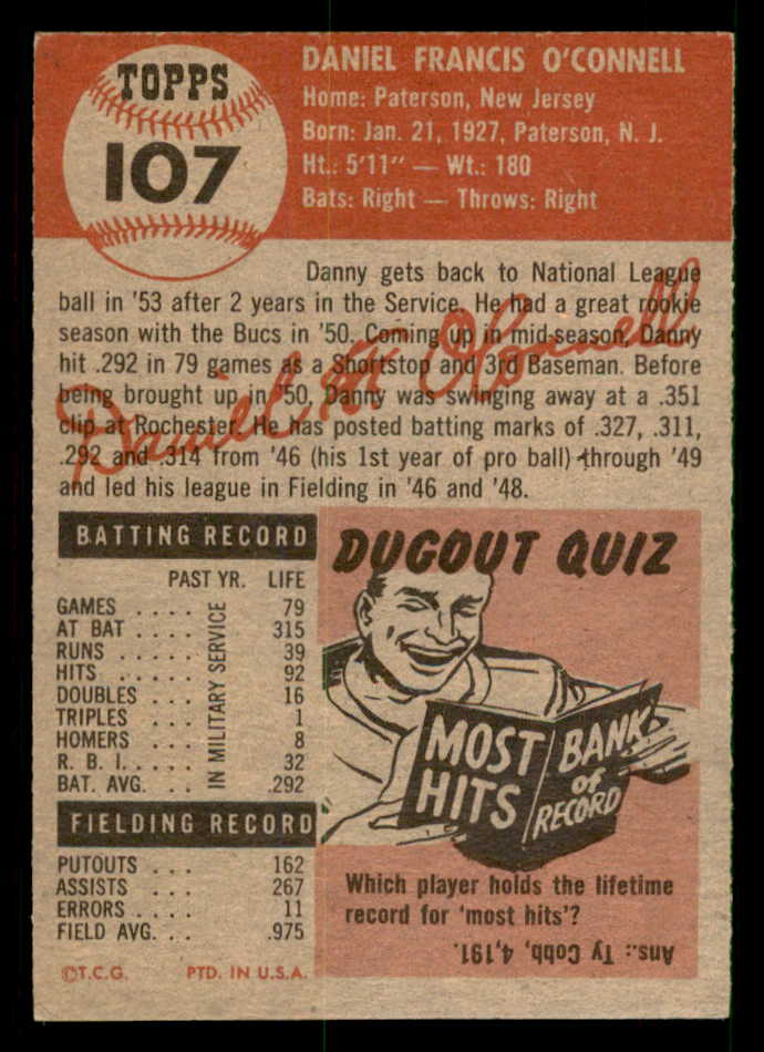 1953 Topps Baseball #107 Danny O'Connell Pirates EX-MT 550281