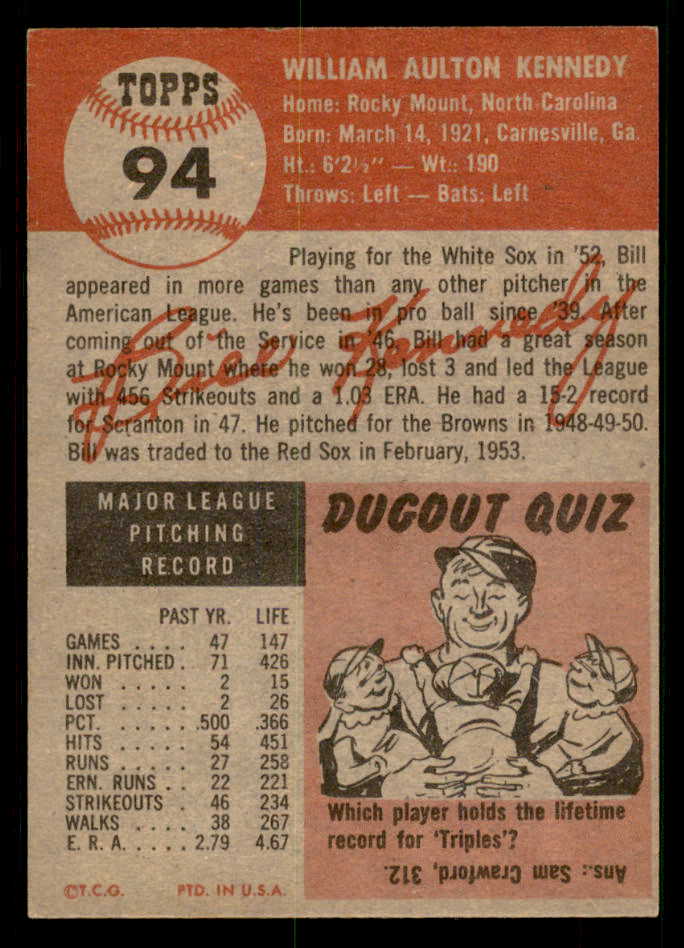 1953 Topps Baseball #094 Bill Kennedy Red Sox EX-MT 550283