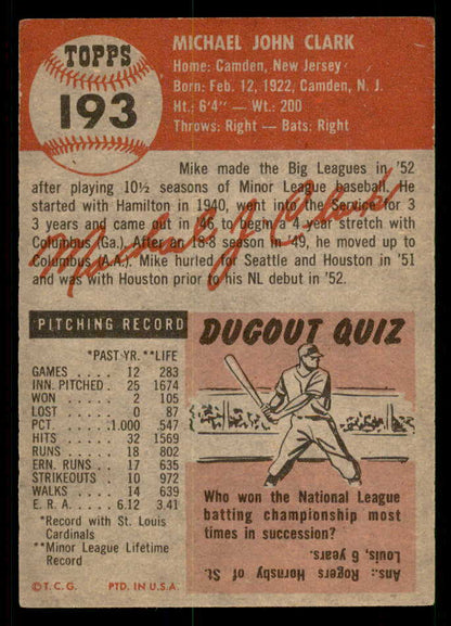 1953 Topps Baseball #193 Mike Clark Cardinals EX-MT 550286