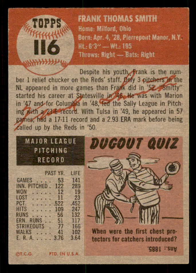 1953 Topps Baseball #116 Frank Smith Reds EX-MT 550289