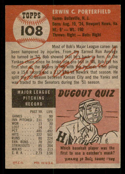 1953 Topps Baseball #108 Bob Porterfield Senators EX-MT 550292