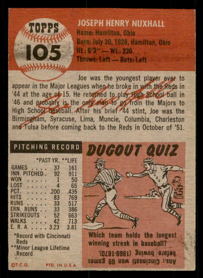 1953 Topps Baseball #105 Joe Nuxhall Reds EX-MT 550293