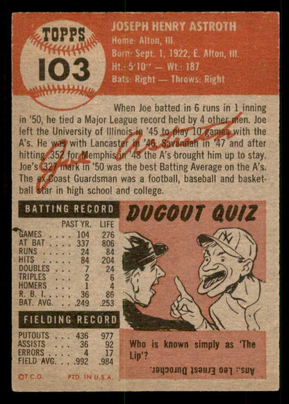 1953 Topps Baseball #103 Joe Astroth A�s EX-MT 550295