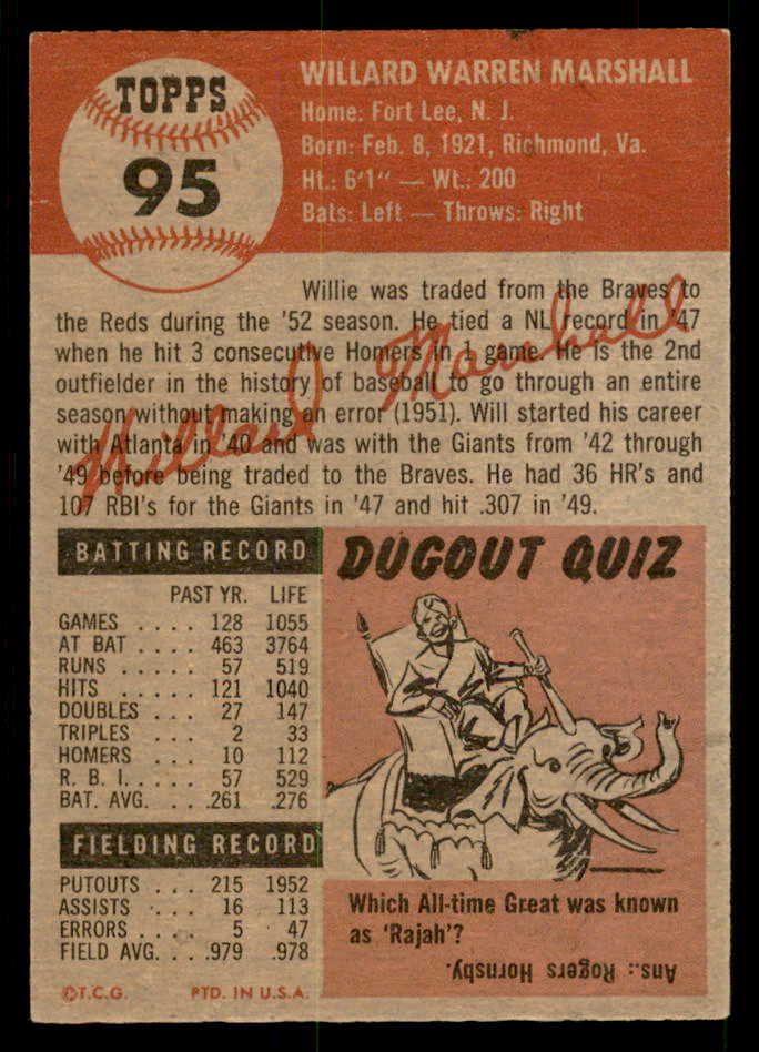1953 Topps Baseball #095 Willard Marshall Reds EX-MT 550298