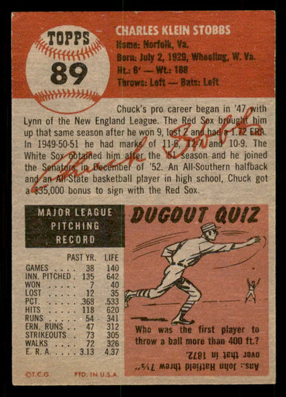 1953 Topps Baseball #089 Chuck Stobbs Senators EX-MT 550303