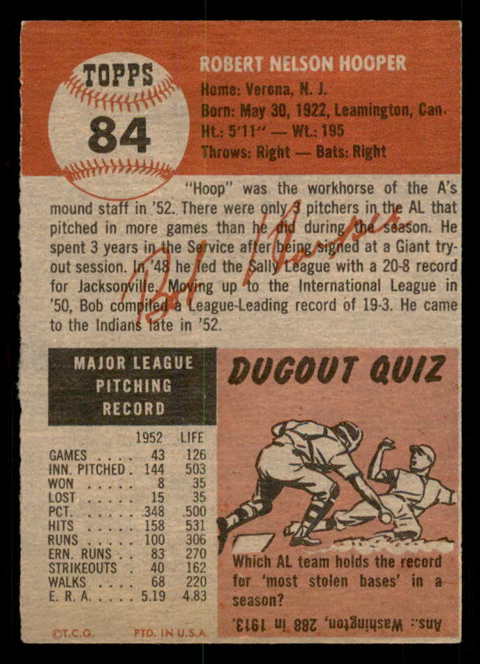 1953 Topps Baseball #084 Bob Hooper Indians EX-MT 550304